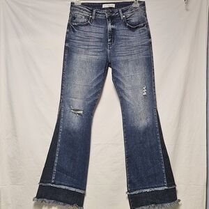 KanCan High Rise Flare Jeans 11/29 Long 33.5 Inseam Two Tone Frayed Hem Y2K Boho
